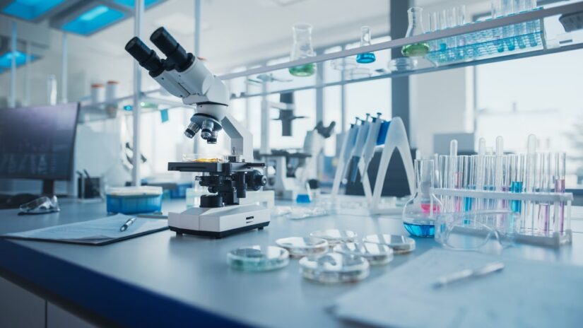 Laboratory Setting With A Microscope And Vials